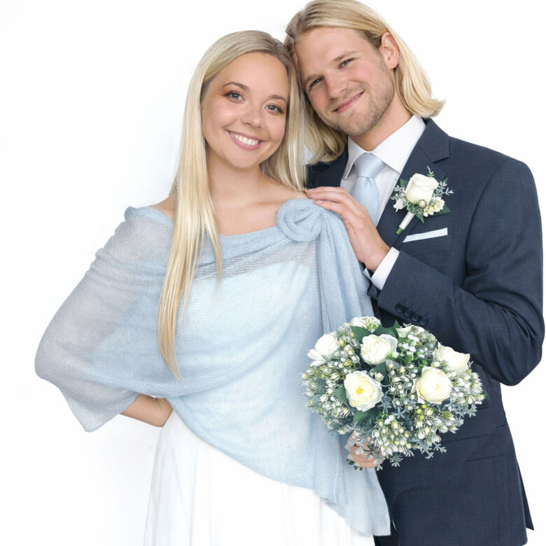 No mohēras un zīda adīta plecu šalle līgavai zilganpelēka, kods WB7